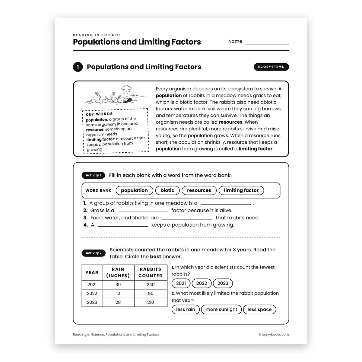 Populations and Limiting Factors — science worksheet for Grade 6, page 1 of 2