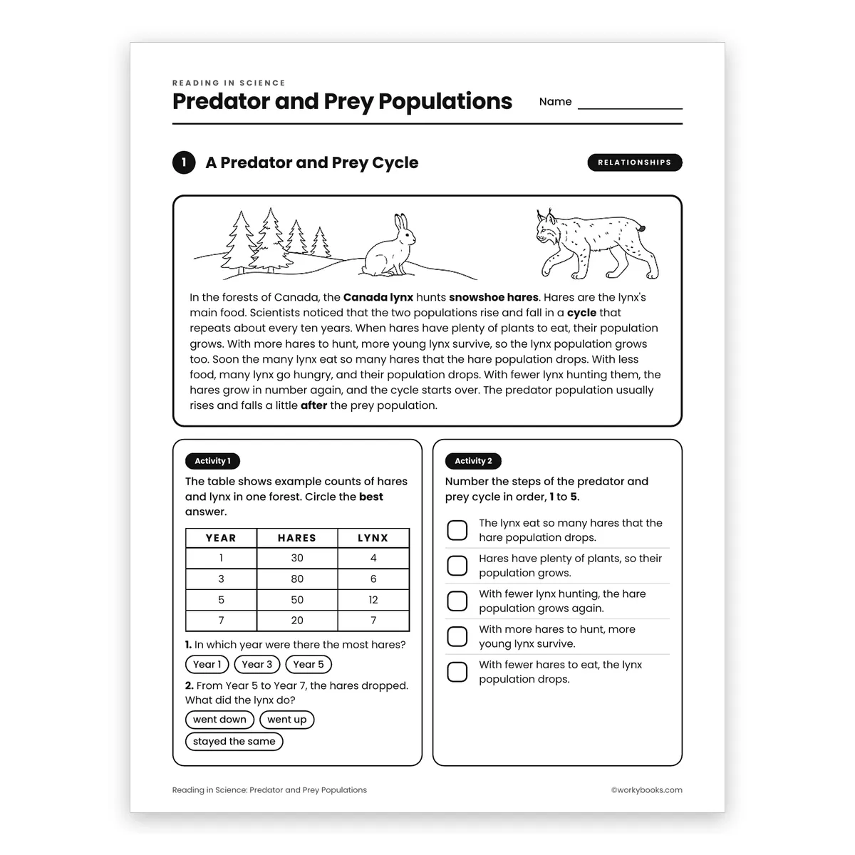 Predator and Prey Populations — science worksheet for Grade 6, page 1 of 2