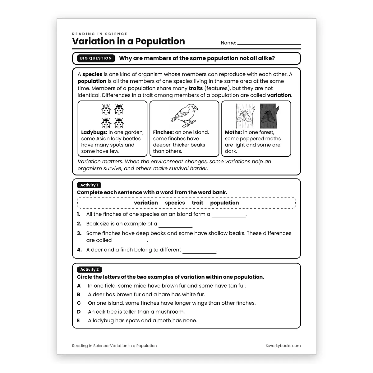 Variation in a Population — science worksheet for Grade 6, page 1 of 2