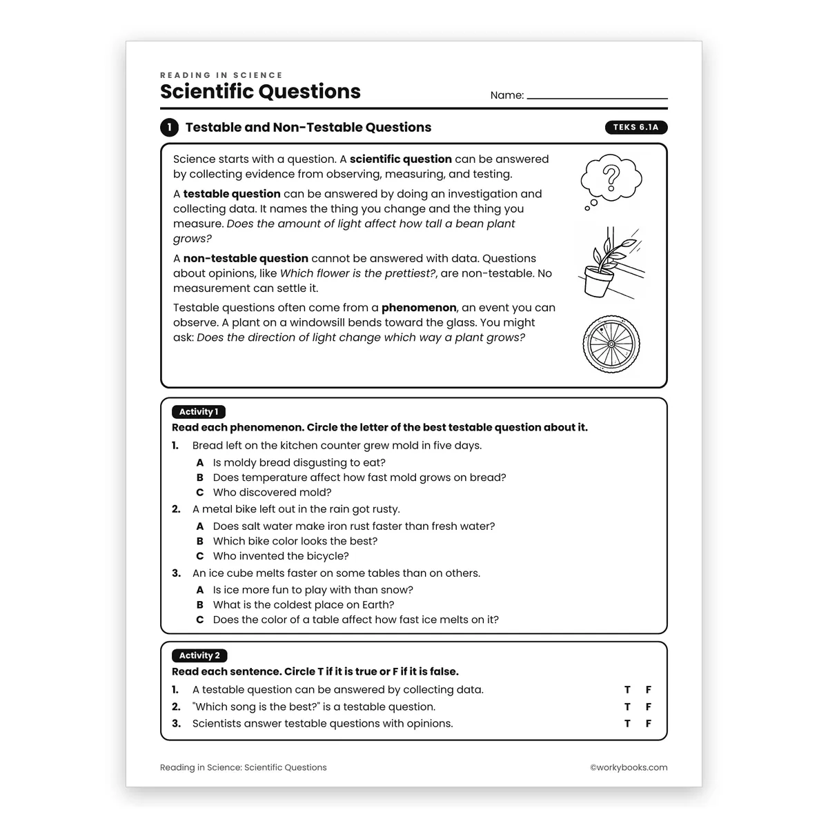 Scientific Questions — science worksheet for Grade 6, page 1 of 2