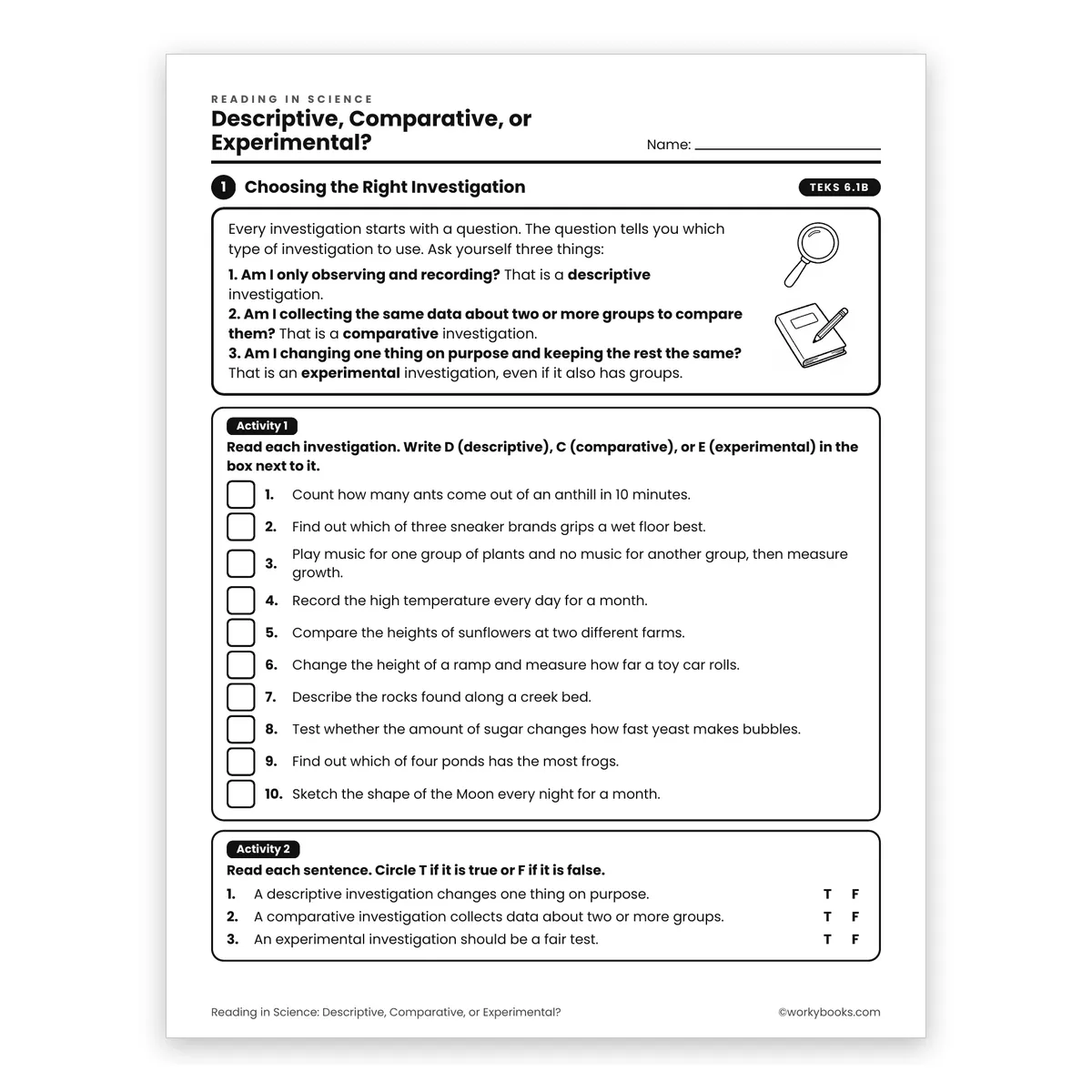 Descriptive, Comparative, or Experimental? — science worksheet for Grade 6, page 1 of 2