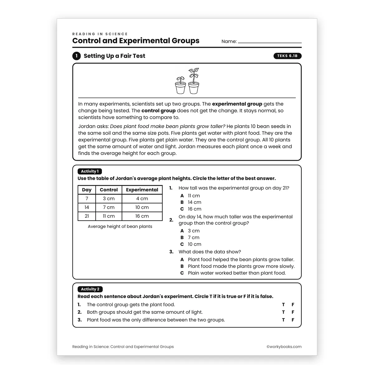 Control and Experimental Groups — science worksheet for Grade 6, page 1 of 2
