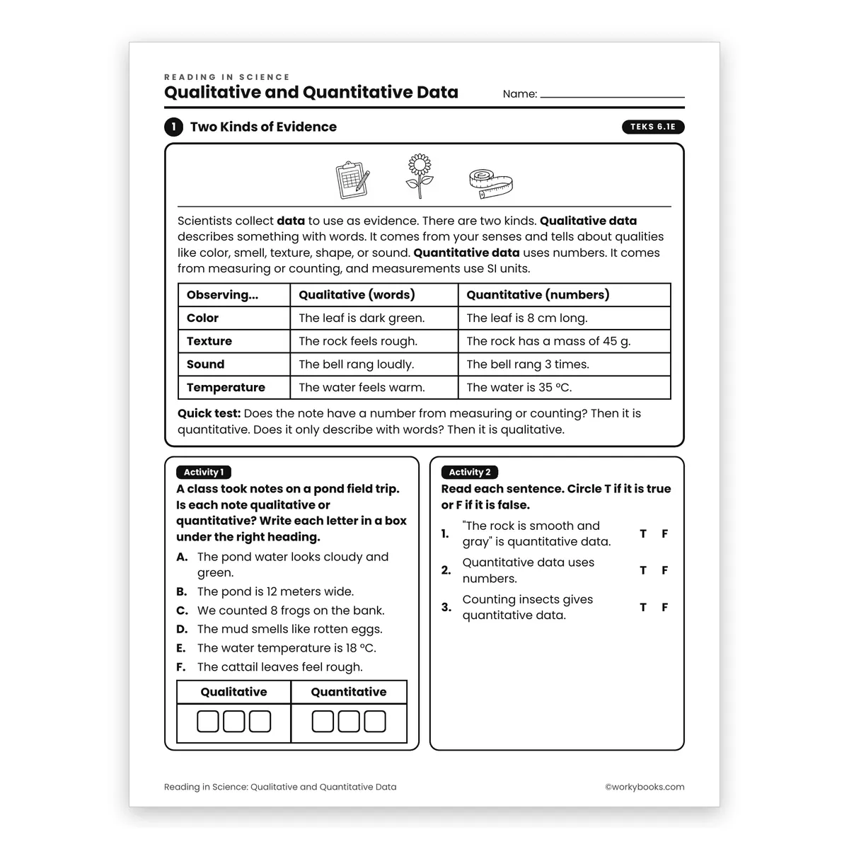 Qualitative and Quantitative Data — science worksheet for Grade 6, page 1 of 2