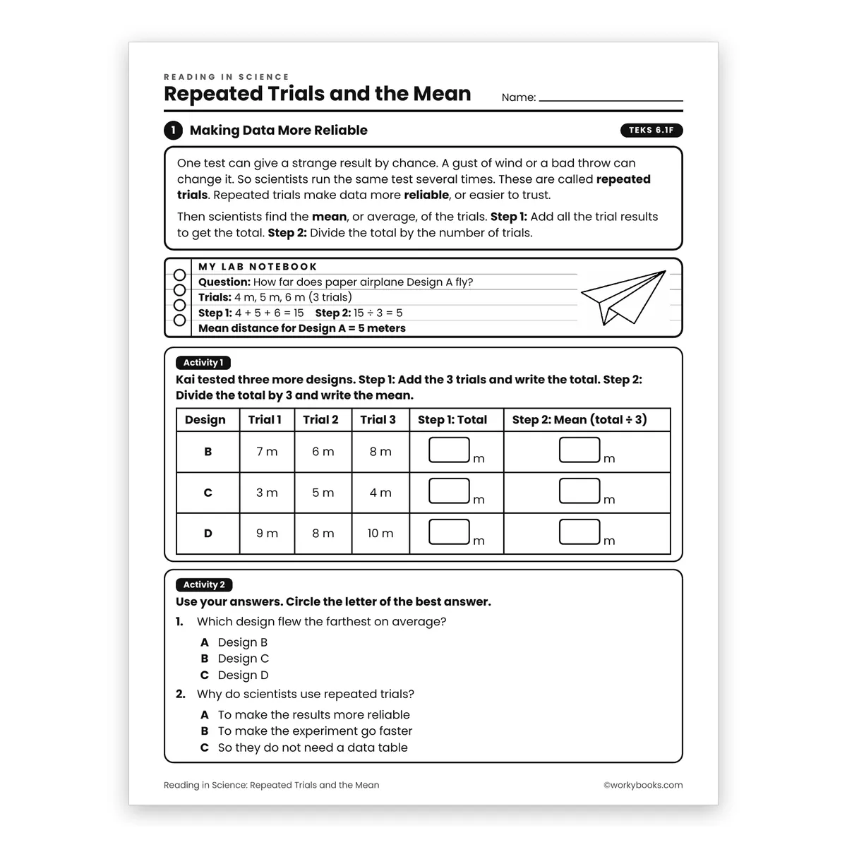 Repeated Trials and the Mean — science worksheet for Grade 6, page 1 of 2