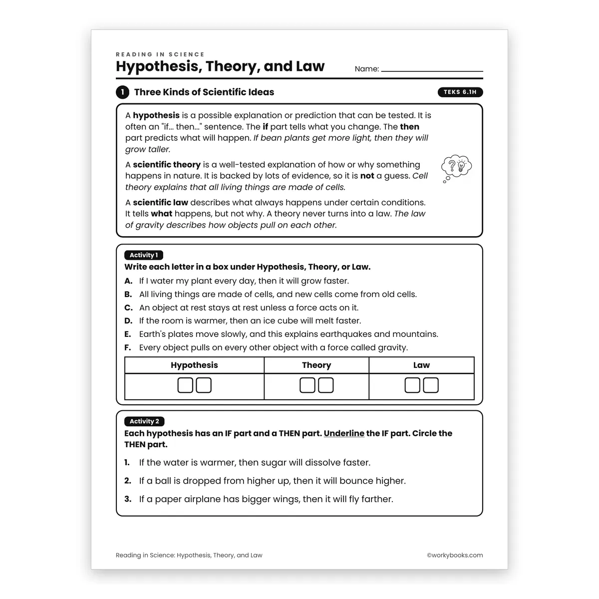 Hypothesis, Theory, and Law — science worksheet for Grade 6, page 1 of 2
