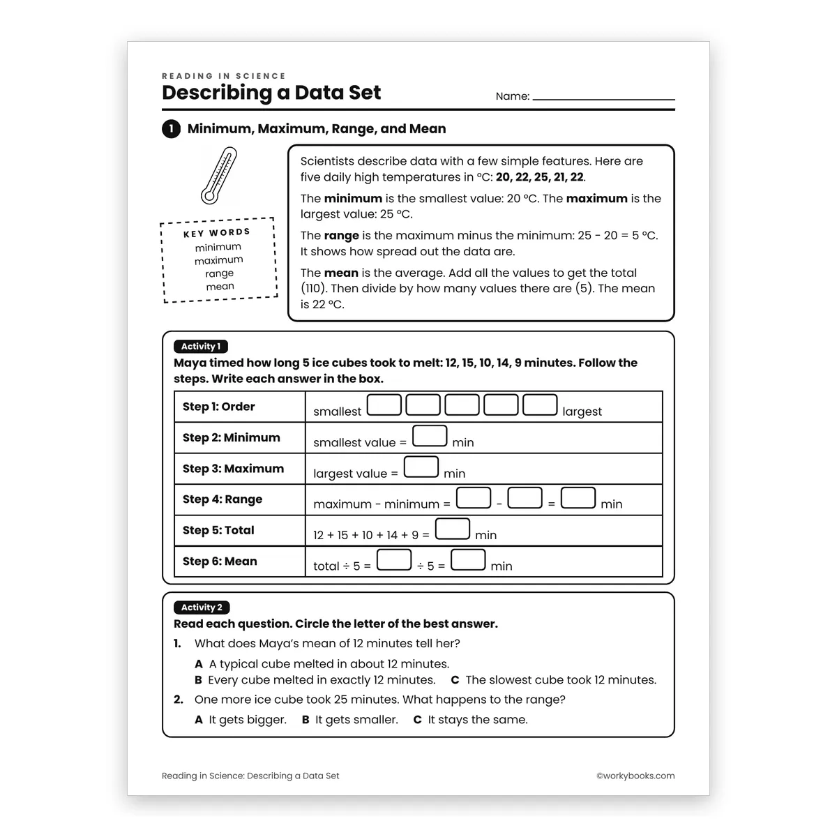 Describing a Data Set — science worksheet for Grade 6, page 1 of 2