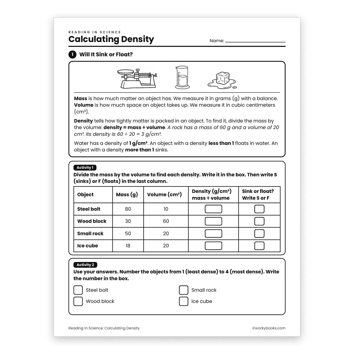 Calculating Density — science worksheet for Grade 6, page 1 of 2