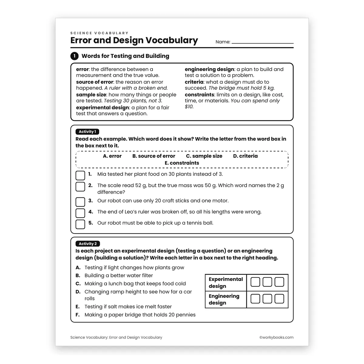 Error and Design Vocabulary — science worksheet for Grade 6, page 1 of 2