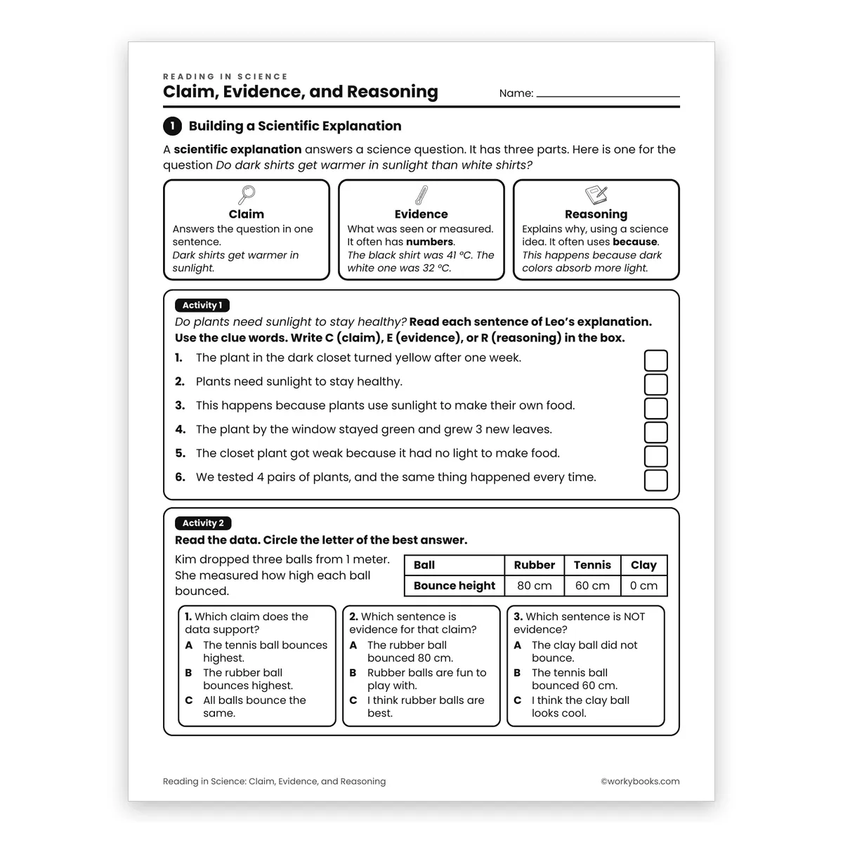 Claim, Evidence, and Reasoning — science worksheet for Grade 6, page 1 of 2
