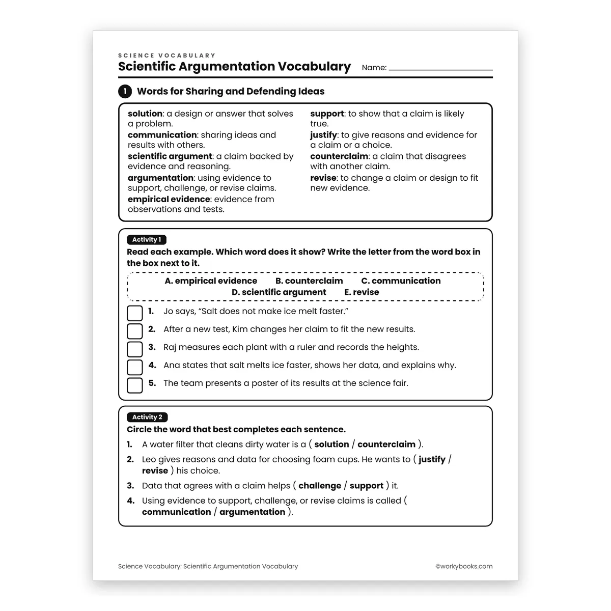 Scientific Argumentation Vocabulary — science worksheet for Grade 6, page 1 of 2