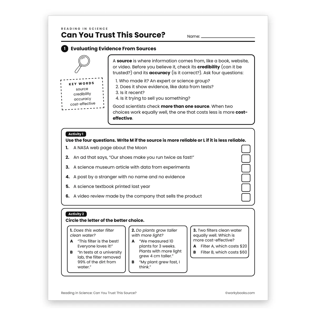 Can You Trust This Source? — science worksheet for Grade 6, page 1 of 2