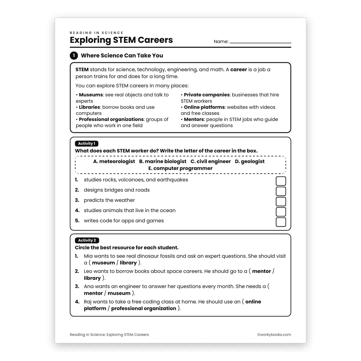 Exploring STEM Careers — science worksheet for Grade 6, page 1 of 2