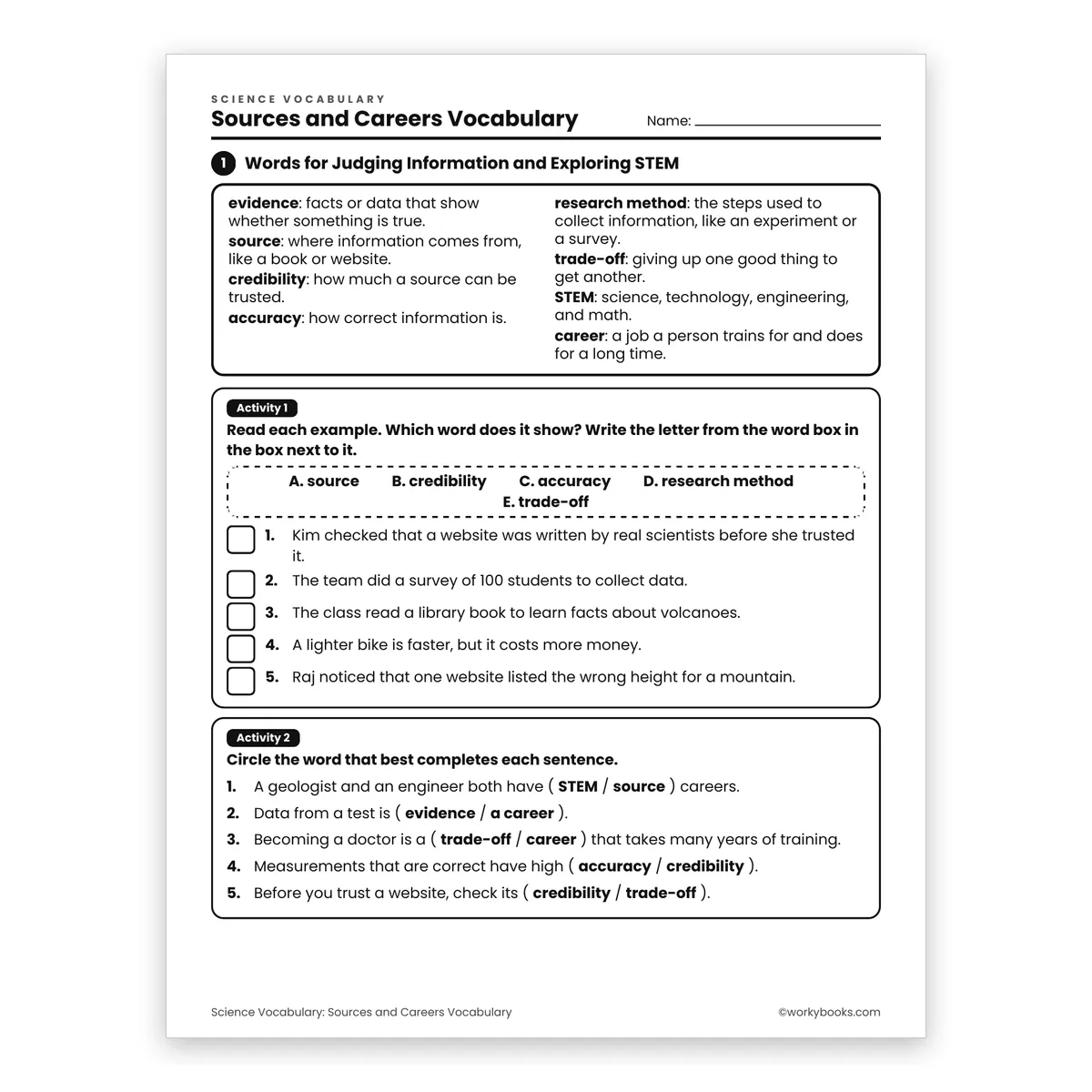 Sources and Careers Vocabulary — science worksheet for Grade 6, page 1 of 2