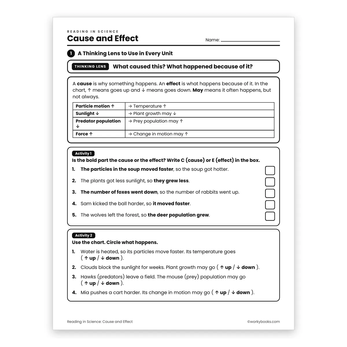 Cause and Effect — science worksheet for Grade 6, page 1 of 2