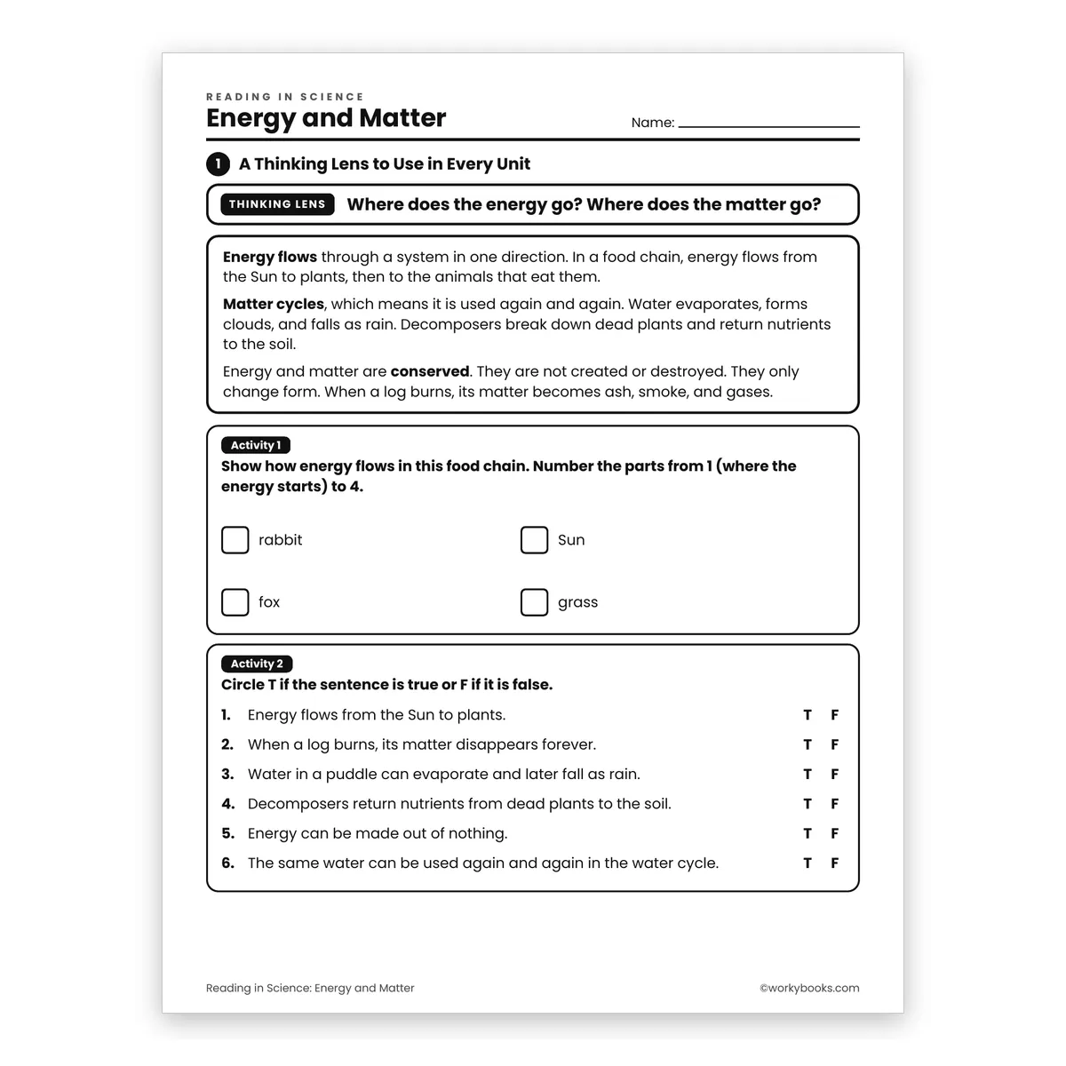 Energy and Matter — science worksheet for Grade 6, page 1 of 2