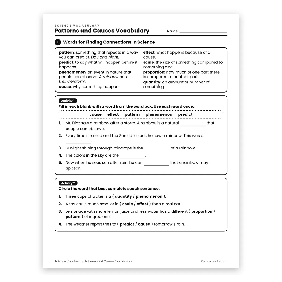Patterns and Causes Vocabulary — science worksheet for Grade 6, page 1 of 2