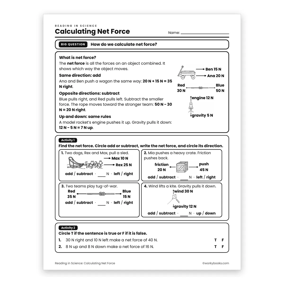 Calculating Net Force — science worksheet for Grade 6, page 1 of 2