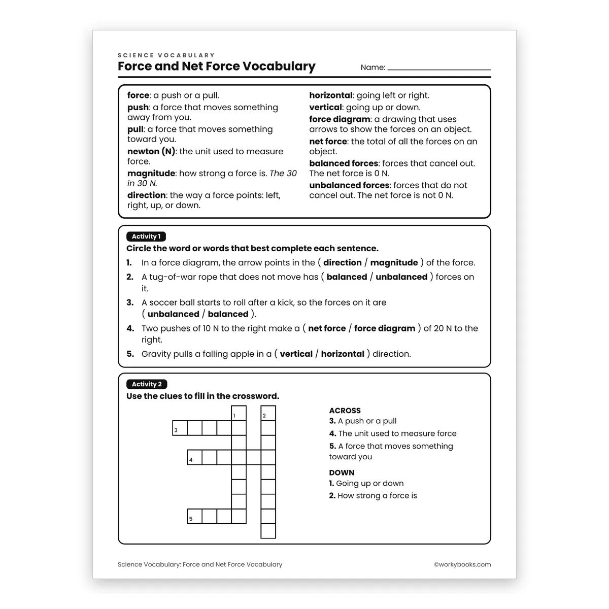 Force and Net Force Vocabulary — science worksheet for Grade 6, page 1 of 2
