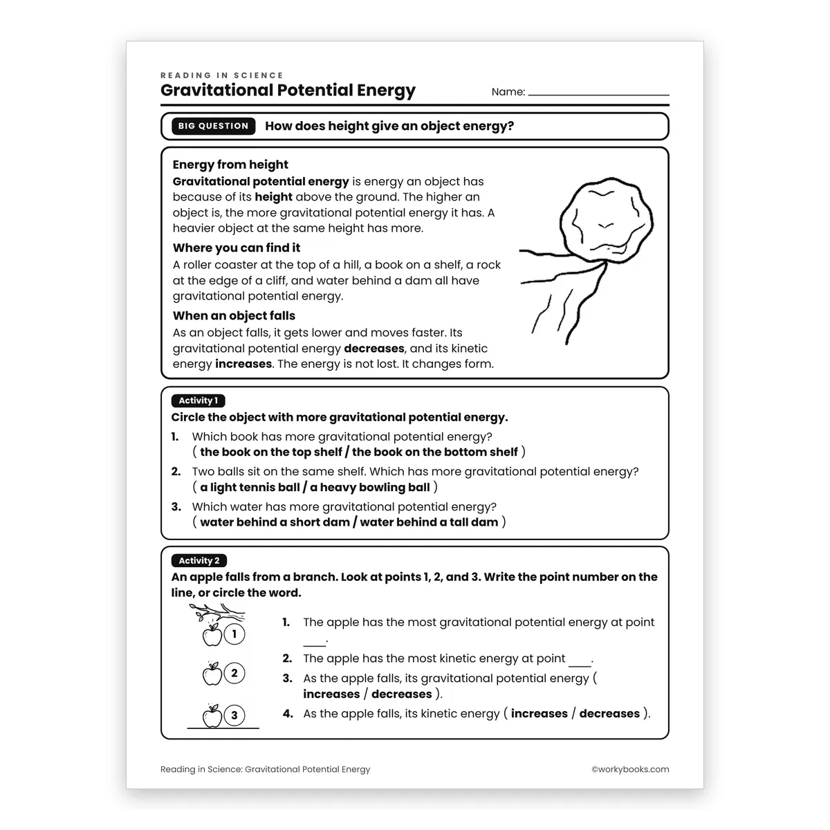 Gravitational Potential Energy — science worksheet for Grade 6, page 1 of 2