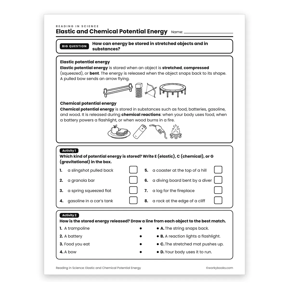Elastic and Chemical Potential Energy — science worksheet for Grade 6, page 1 of 2
