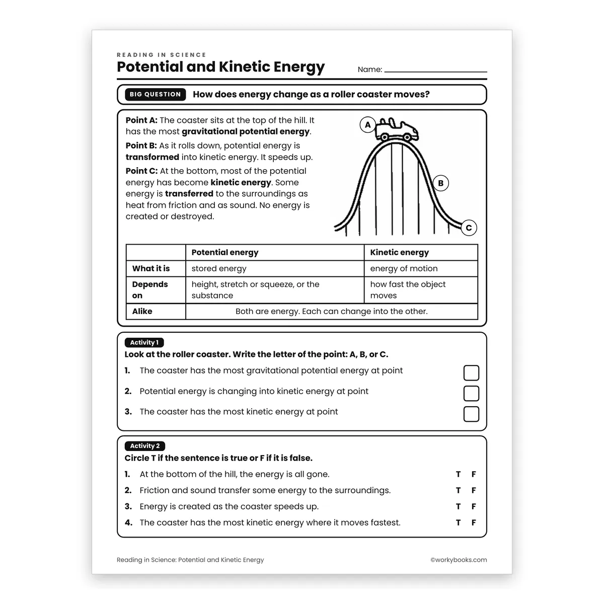Potential and Kinetic Energy — science worksheet for Grade 6, page 1 of 2