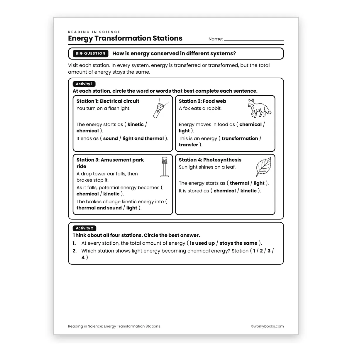 Energy Transformation Stations — science worksheet for Grade 6, page 1 of 2
