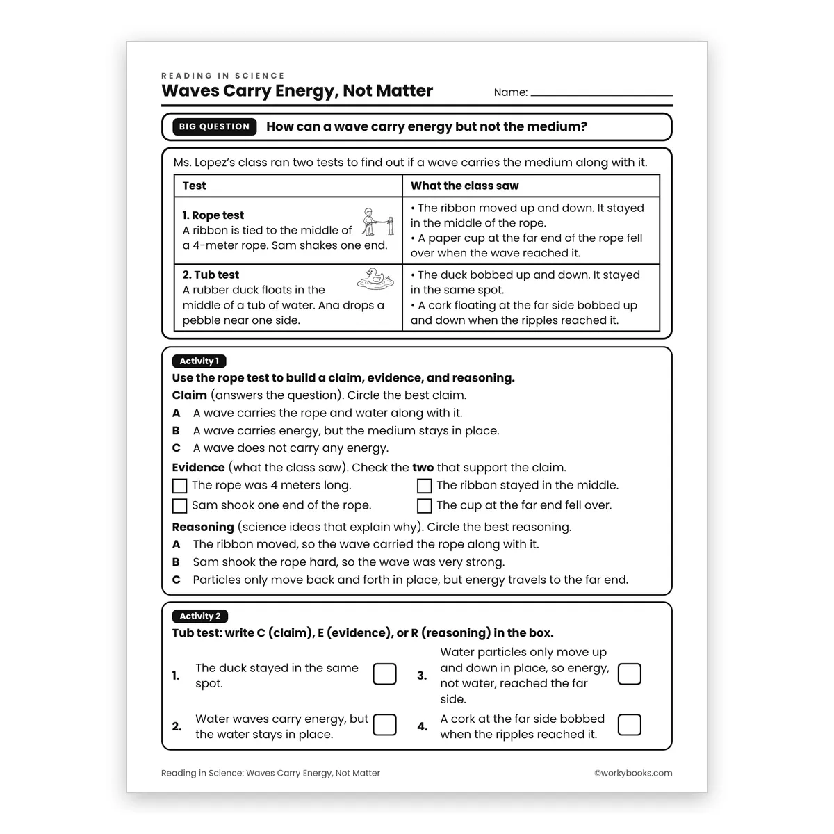 Waves Carry Energy, Not Matter — science worksheet for Grade 6, page 1 of 2