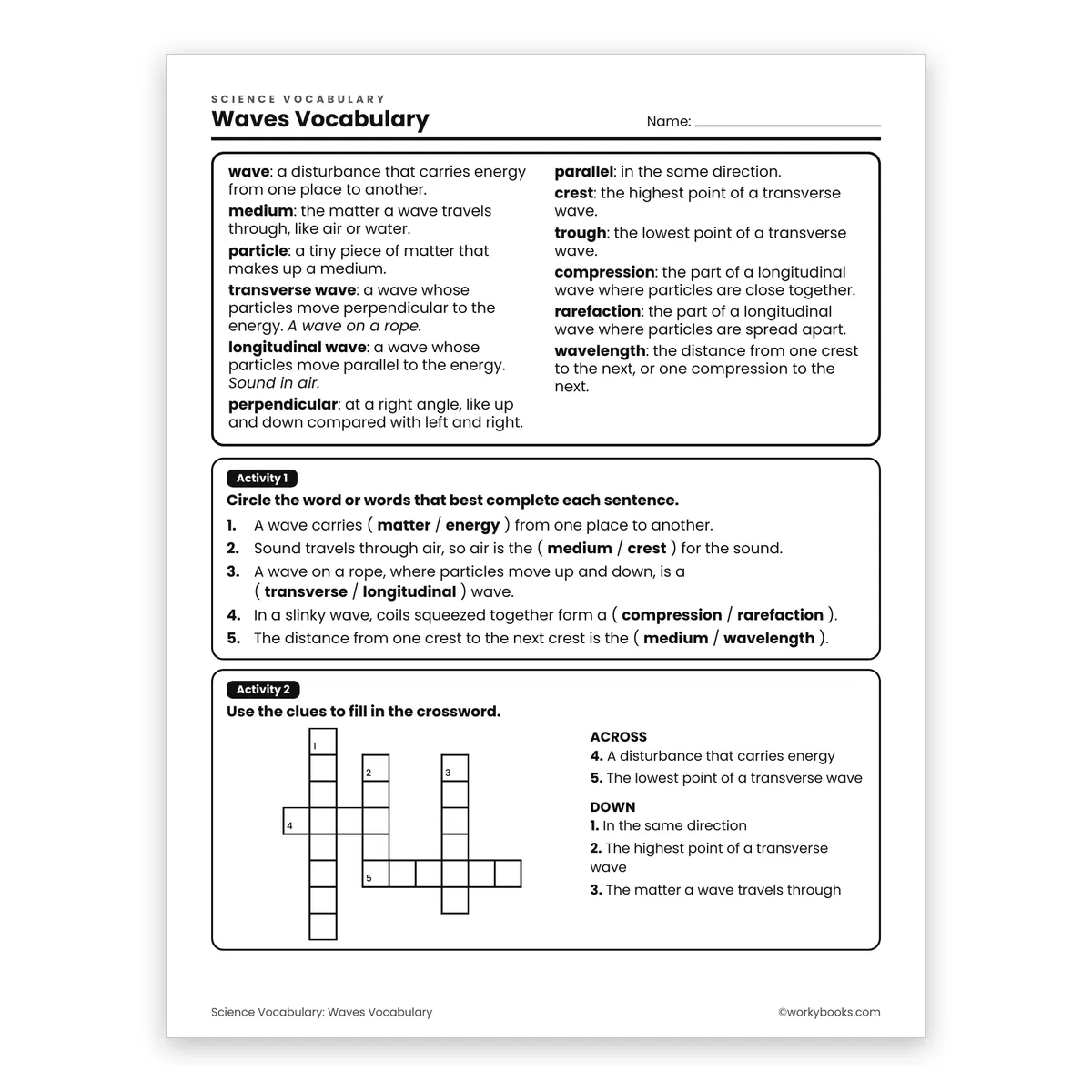 Waves Vocabulary — science worksheet for Grade 6, page 1 of 2