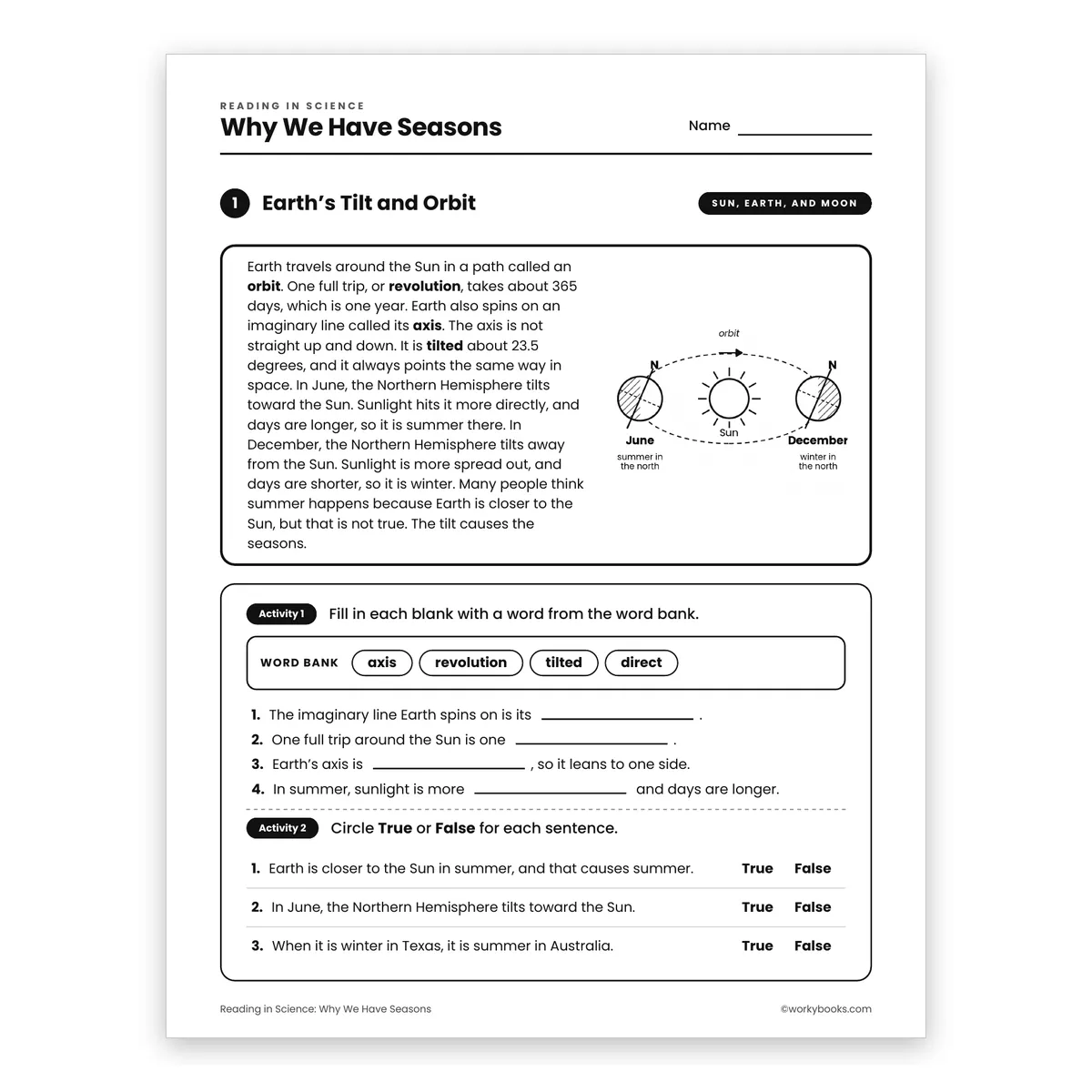 Why We Have Seasons — science worksheet for Grade 6, page 1 of 2