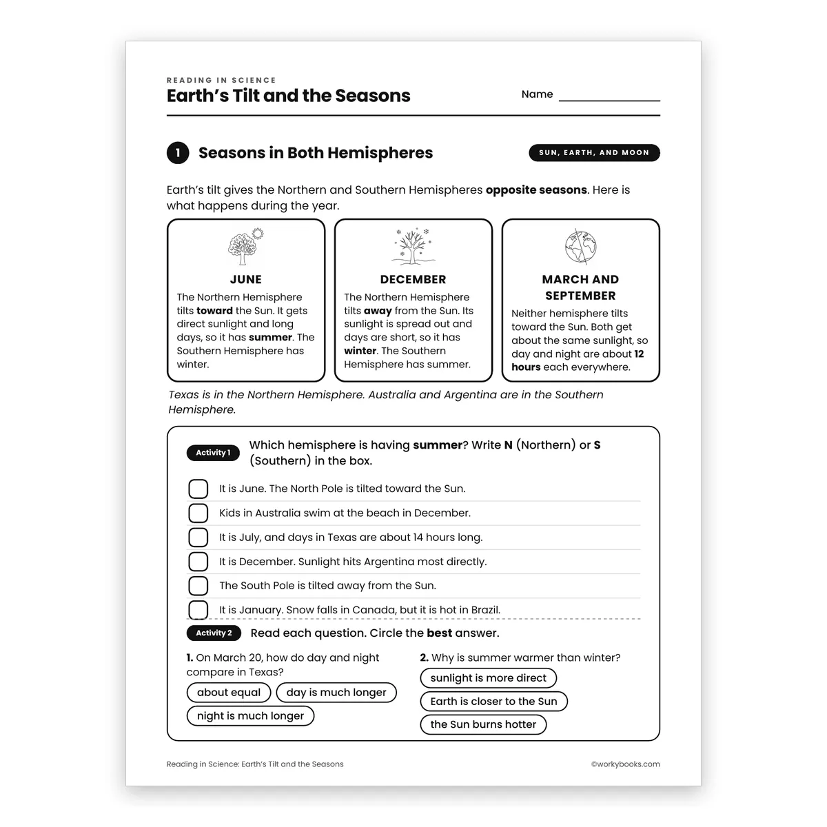Earth’s Tilt and the Seasons — science worksheet for Grade 6, page 1 of 2