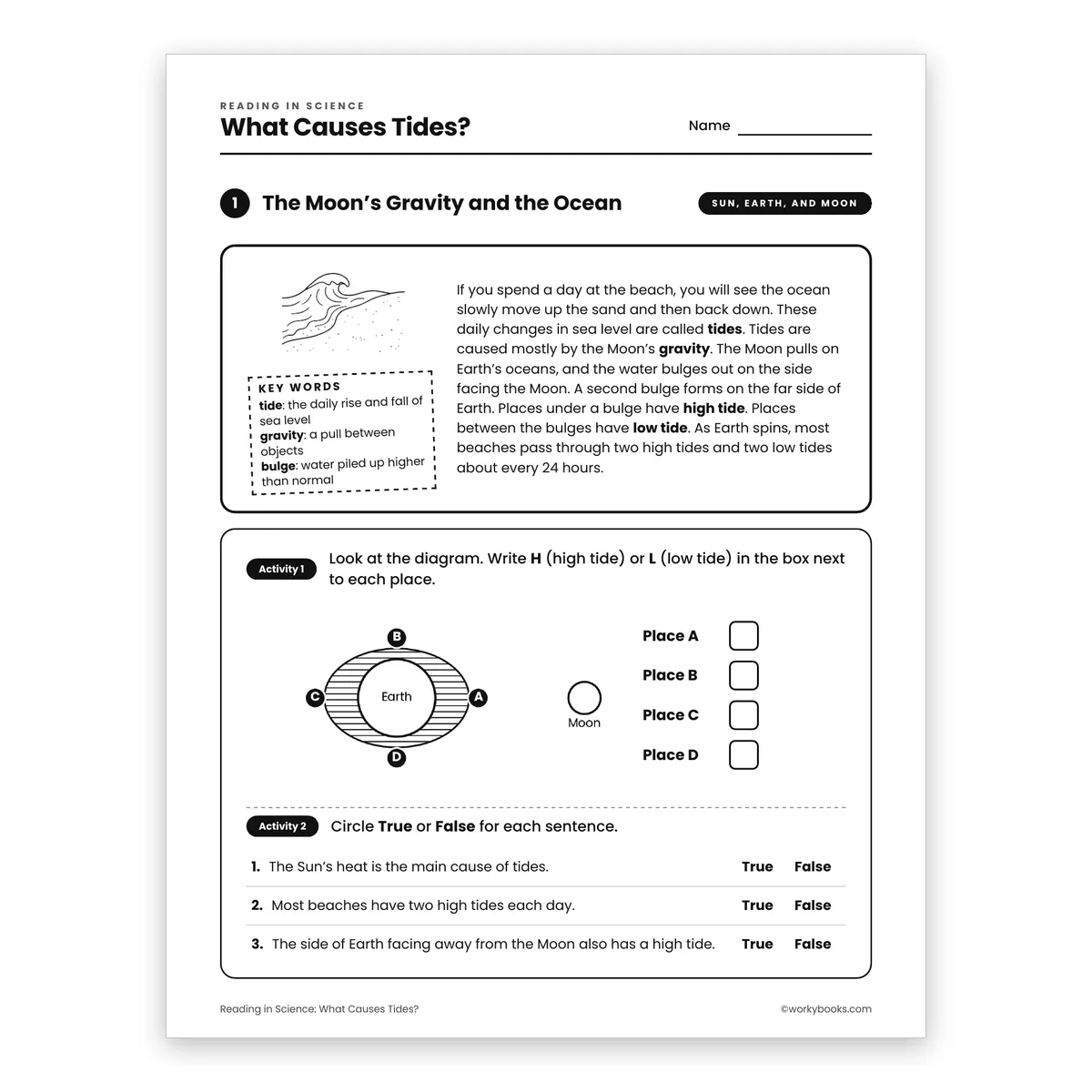 What Causes Tides? — science worksheet for Grade 6, page 1 of 2