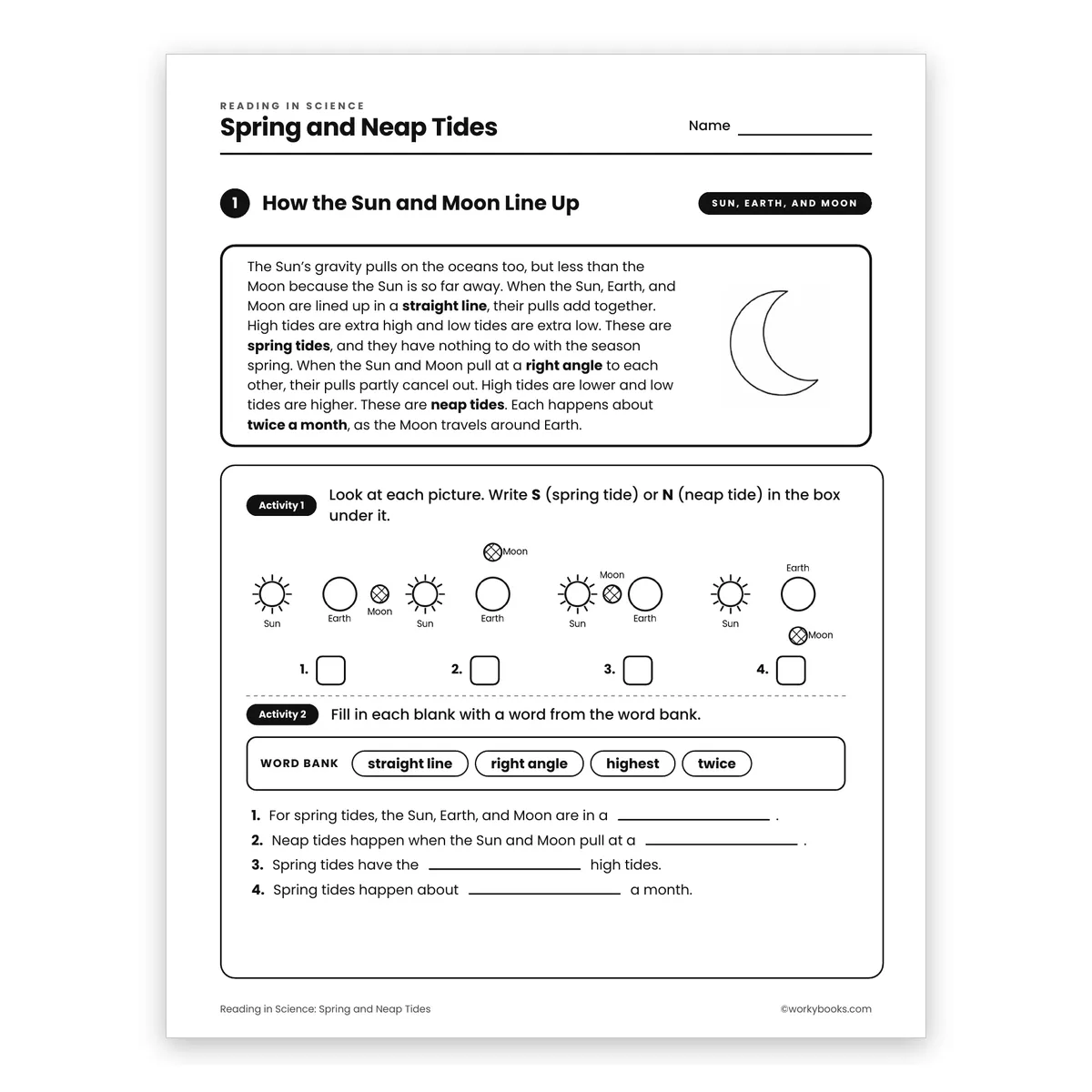 Spring and Neap Tides — science worksheet for Grade 6, page 1 of 2