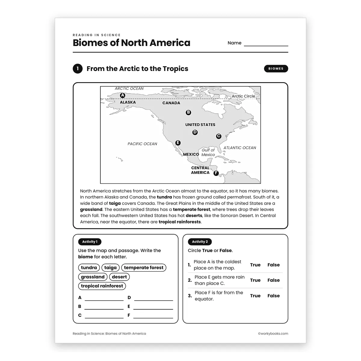 Biomes of North America — science worksheet for Grade 7, page 1 of 2