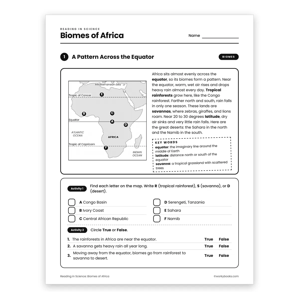 Biomes of Africa — science worksheet for Grade 7, page 1 of 2