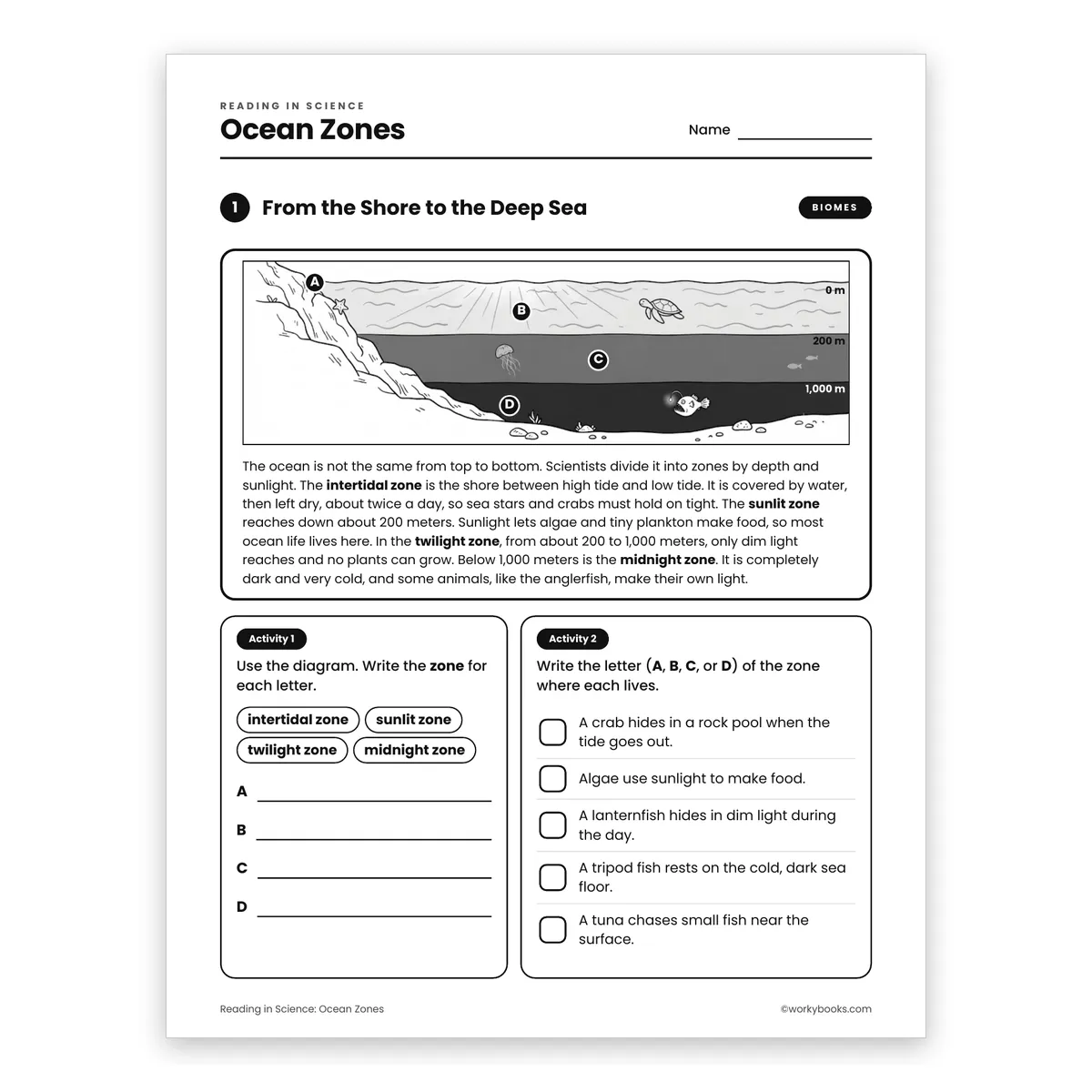 Ocean Zones — science worksheet for Grade 7, page 1 of 2