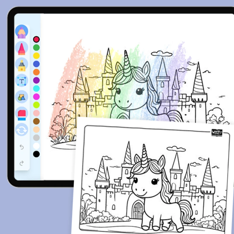 Unicorn and Magical Castle — coloring-pages coloring page for Grade 1, Grade 2, Grade 3, Grade 4, Grade 5, page 1 of 1