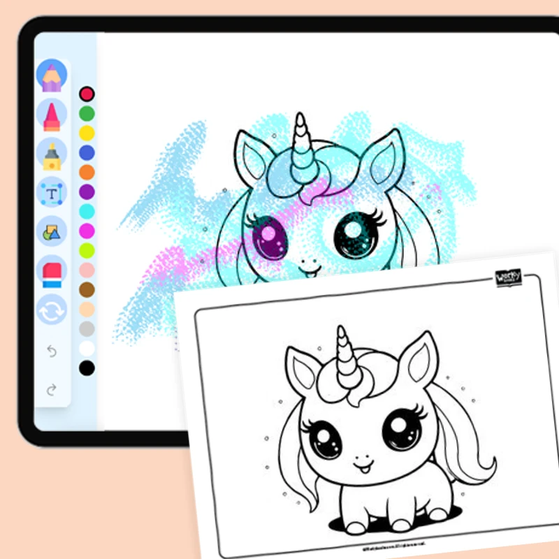 Kawaii Unicorn with Shimmery Eyes — coloring-pages coloring page for Grade 1, Grade 2, Grade 3, Grade 4, Grade 5, page 1 of 1
