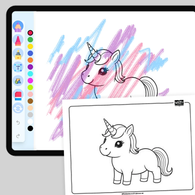 Kawaii Unicorn with Upturned Nose — coloring-pages coloring page for Grade 1, Grade 2, Grade 3, Grade 4, Grade 5, page 1 of 1