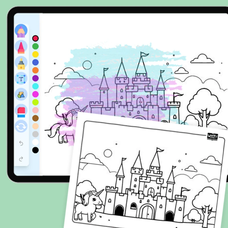 Unicorn Castle — coloring-pages coloring page for Grade 1, Grade 2, Grade 3, Grade 4, Grade 5, page 1 of 1