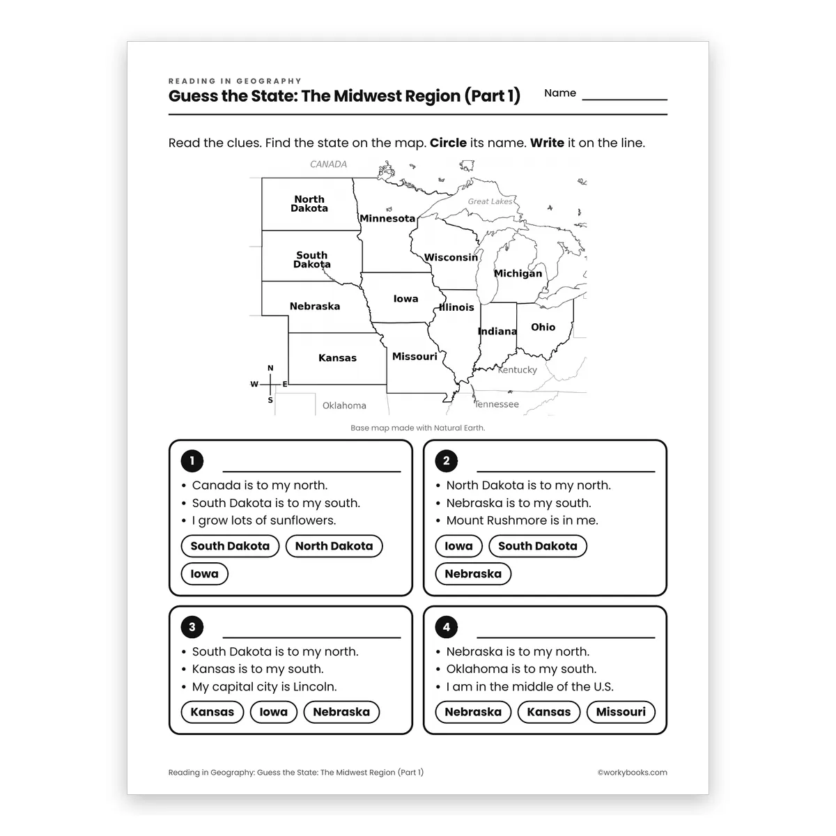 Guess the State: The Midwest Region (Part 1) — ela worksheet for Grade 3, page 1 of 2