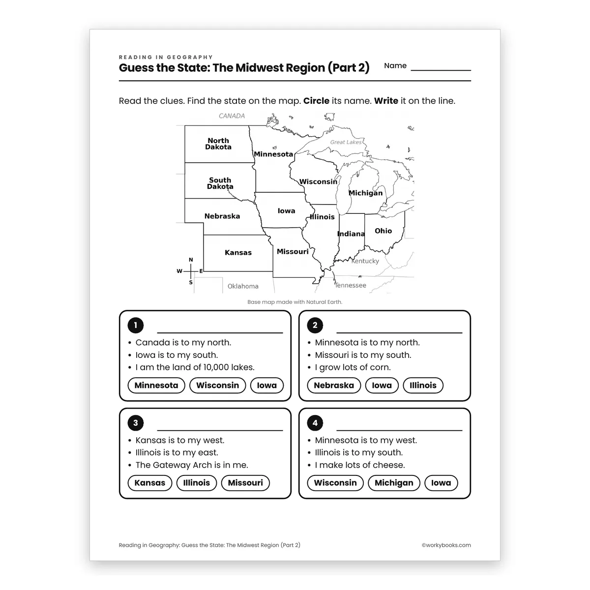 Guess the State: The Midwest Region (Part 2) — ela worksheet for Grade 3, page 1 of 2