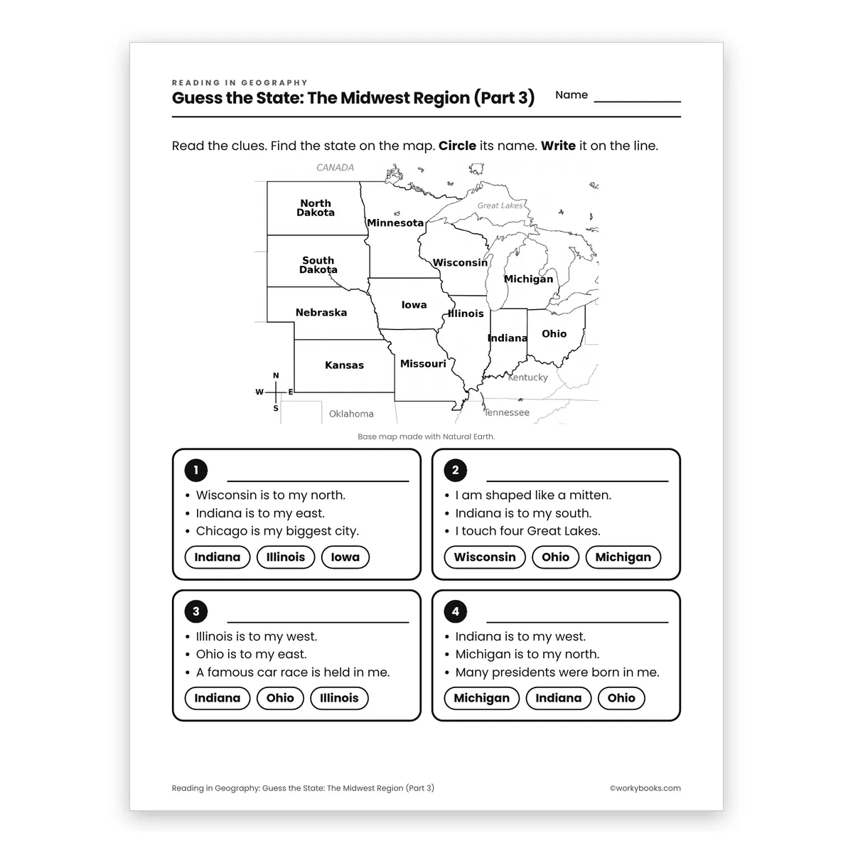 Guess the State: The Midwest Region (Part 3) — ela worksheet for Grade 3, page 1 of 2