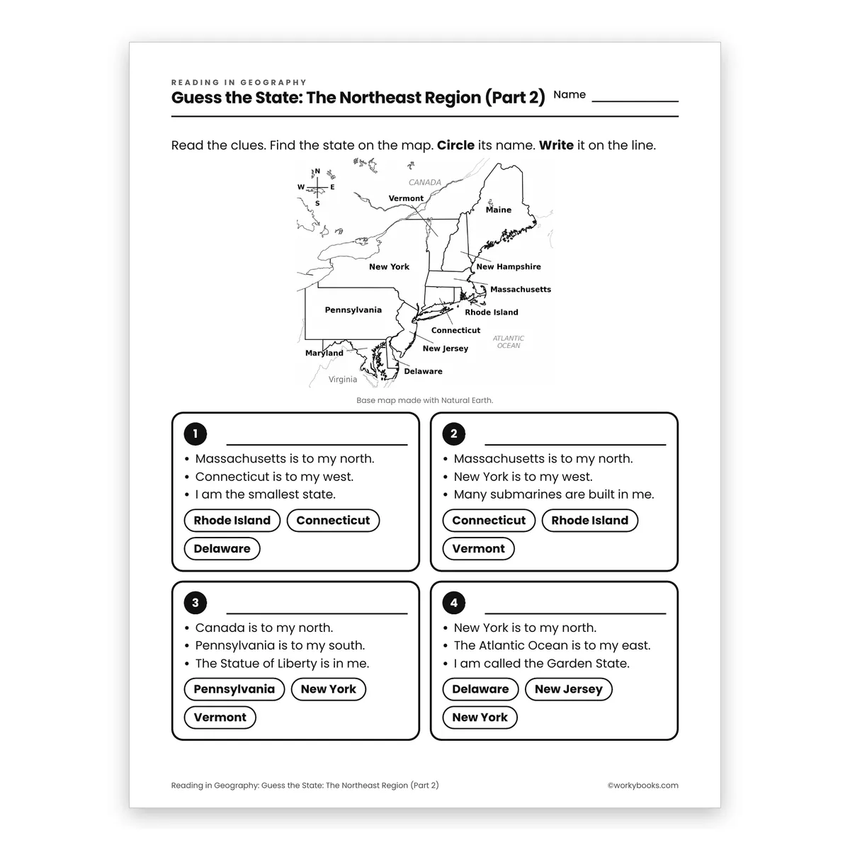 Guess the State: The Northeast Region (Part 2) — ela worksheet for Grade 3, page 1 of 2