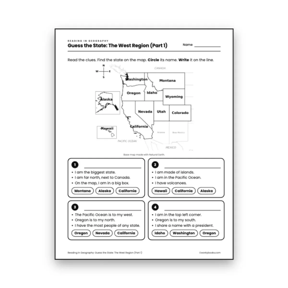 Guess the State: The West Region (Part 1) — ela worksheet for Grade 3, page 1 of 2