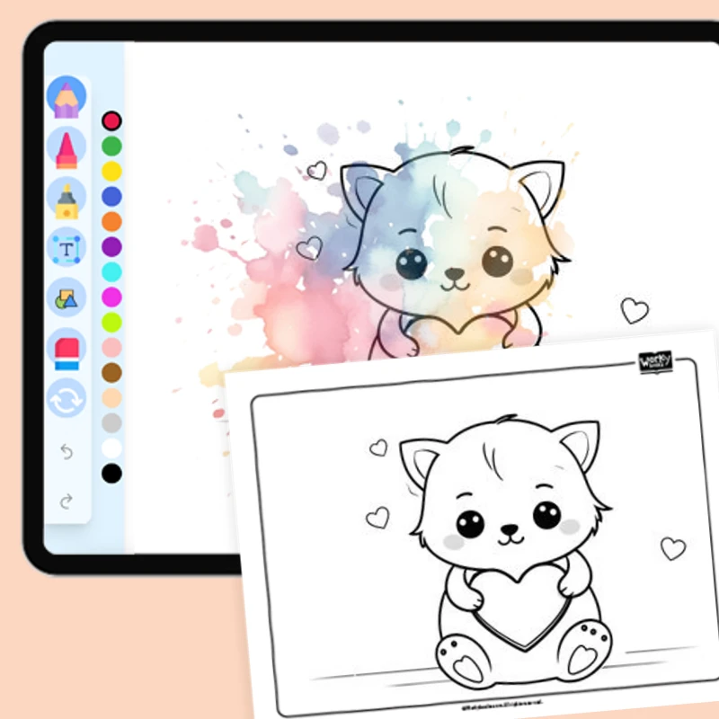 Kitten hugging a heart pillow — coloring-pages coloring page for Grade 1, Grade 2, Grade 3, Grade 4, Grade 5, page 1 of 1