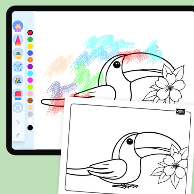 Toucan with a flower in beak — coloring-pages coloring page for Grade 1, Grade 2, Grade 3, Grade 4, Grade 5, page 1 of 1