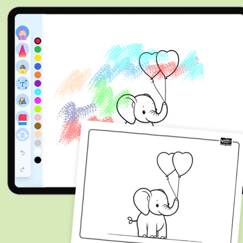 Elephant Holding Heart-Shaped Balloon — coloring-pages coloring page for Grade 1, Grade 2, Grade 3, Grade 4, Grade 5, page 1 of 1