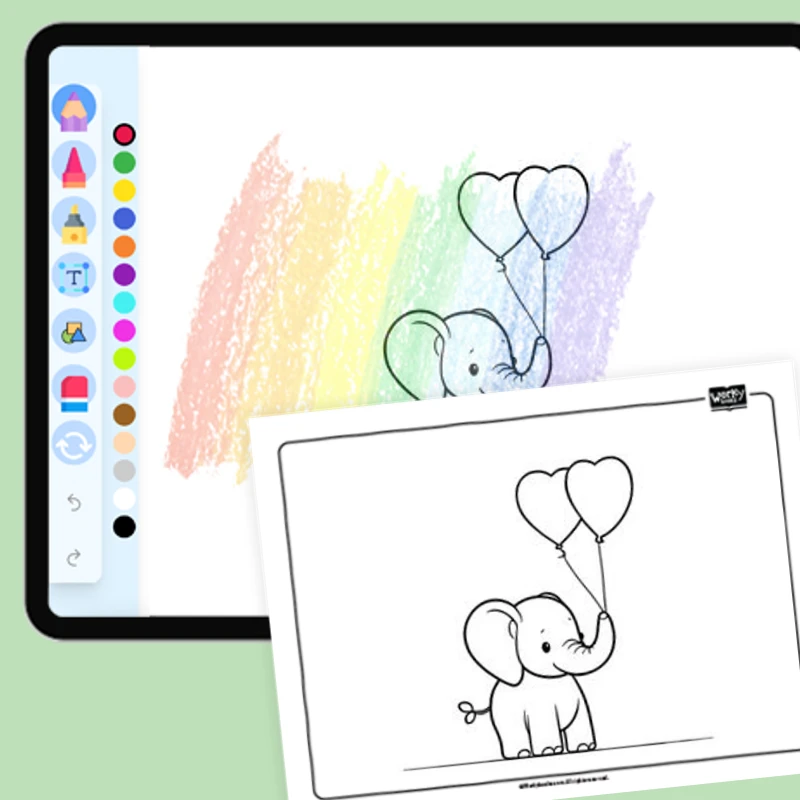 Elephant with Two Heart-shaped Balloons — coloring-pages coloring page for Grade 1, Grade 2, Grade 3, Grade 4, Grade 5, page 1 of 1