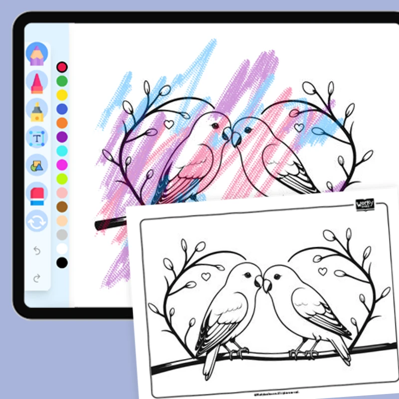 Lovebirds perched on a heart-shaped branch — coloring-pages coloring page for Grade 1, Grade 2, Grade 3, Grade 4, Grade 5, page 1 of 1
