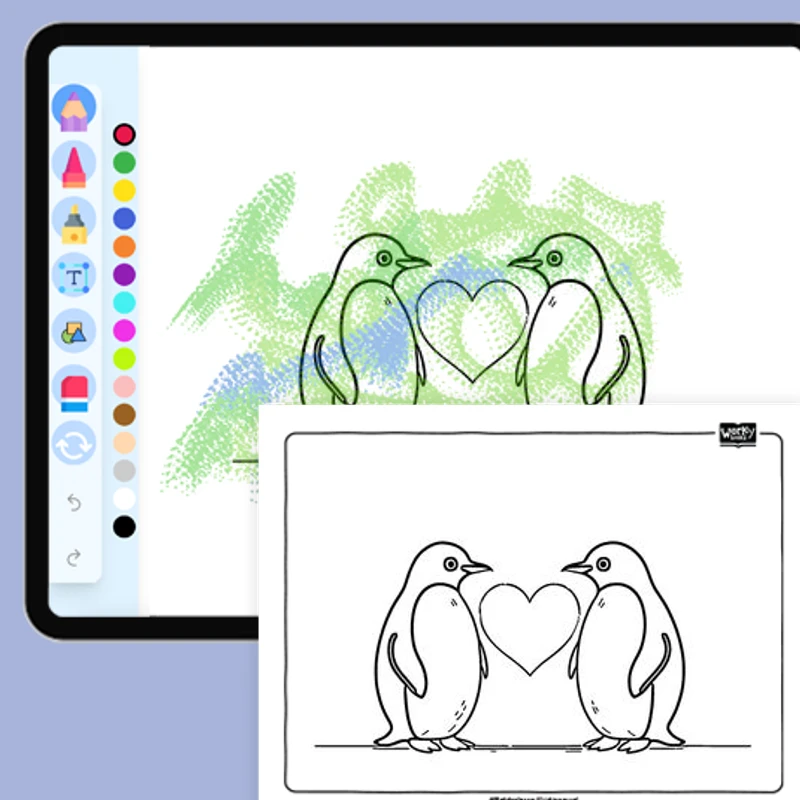 Penguin couple sharing a heart — coloring-pages coloring page for Grade 1, Grade 2, Grade 3, Grade 4, Grade 5, page 1 of 1